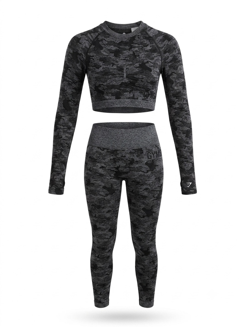 Gymshark Women's Black & Gray Camo Seamless Leggings and Long Sleeve Crop Set